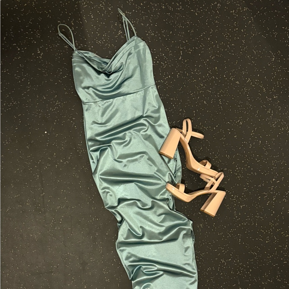 Forever 21 Satin Gown (40) with Nude Heels (30)